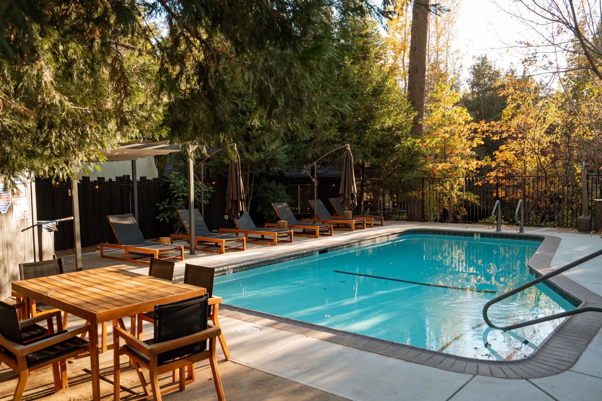 heated Swimming pool with lounge chairs, dining table, and trees. Sunny outdoor setting.