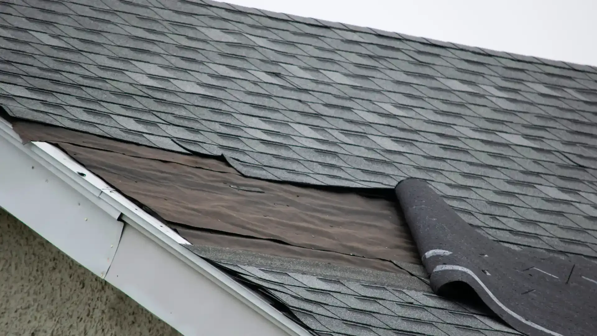 Damaged asphalt shingle roof with exposed underlayment.