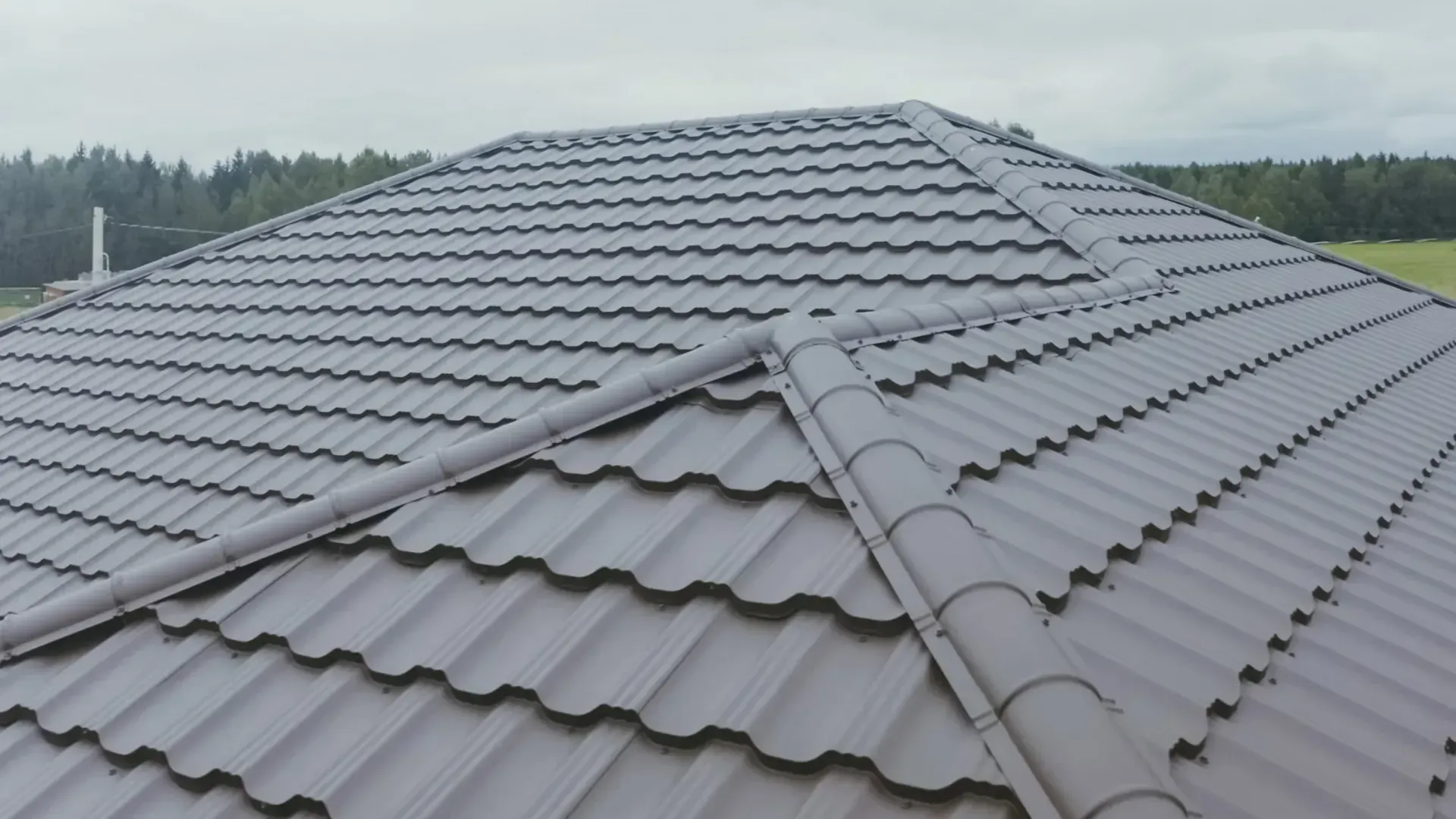 Brown metal tile roof on a house with a forested background under a cloudy sky.