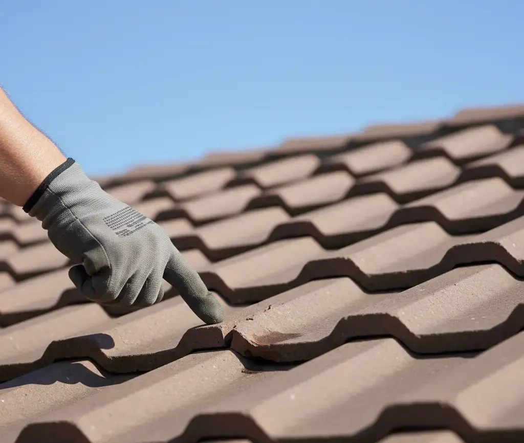 Gloved hand pointing to a damaged brown tile on a roof with a blue sky background.