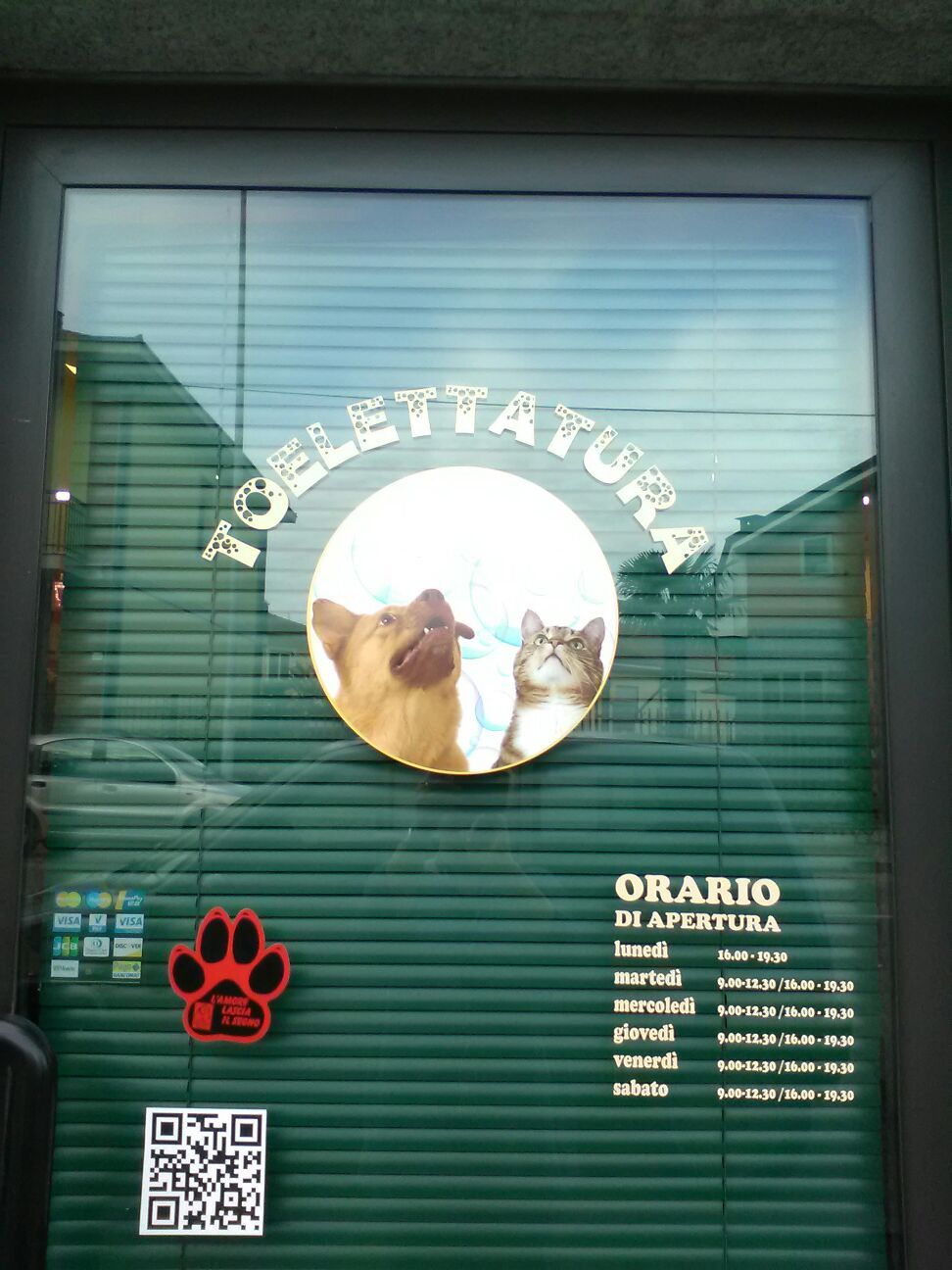 Vetrina di un negozio di toelettatura per animali con logo di cani e gatti; tende verdi, orario.