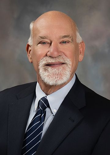 A bald man with a beard is wearing a suit and tie.