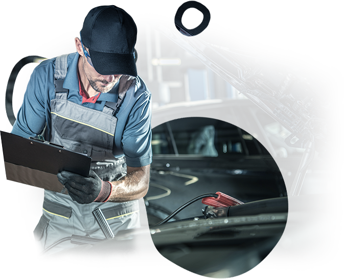 A man is looking at a clipboard in front of a car.