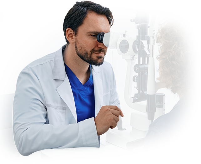 An ophthalmologist is examining a patient 's eye with a microscope.