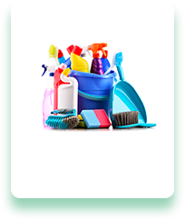 A bucket filled with cleaning supplies on a white background.