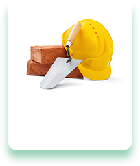 A yellow hard hat , trowel and bricks on a white background.