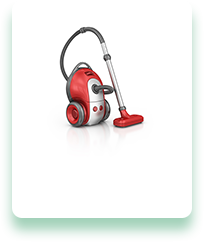 A red and white vacuum cleaner is sitting on a white surface.