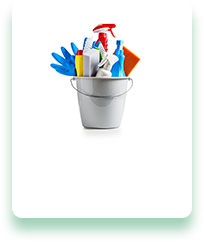 A bucket filled with cleaning supplies on a white background.