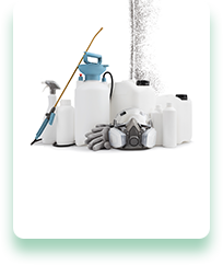 A group of bottles , sprayers , gloves , masks and a roller on a white background.