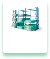 A warehouse rack filled with lots of green sheets on a white background.