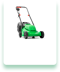 A green lawn mower is sitting on a white surface.