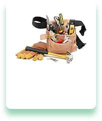 A tool belt filled with tools and gloves on a white background.