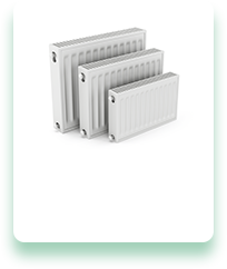 Three white radiators of different sizes are stacked on top of each other on a white background.