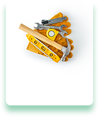 A hammer , wrench , tape measure , level and gloves on a white background.