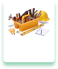 A yellow toolbox filled with tools and a hard hat.