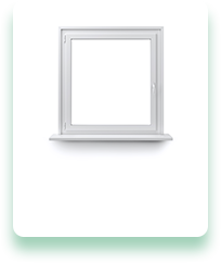 A white square window with a shelf underneath it on a white background.