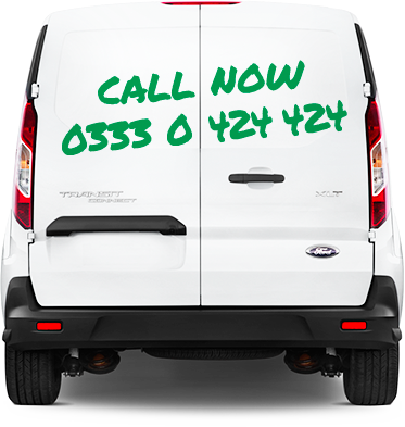 The back of a white van with call now written on it