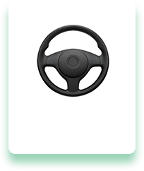 A black steering wheel is shown on a white background.