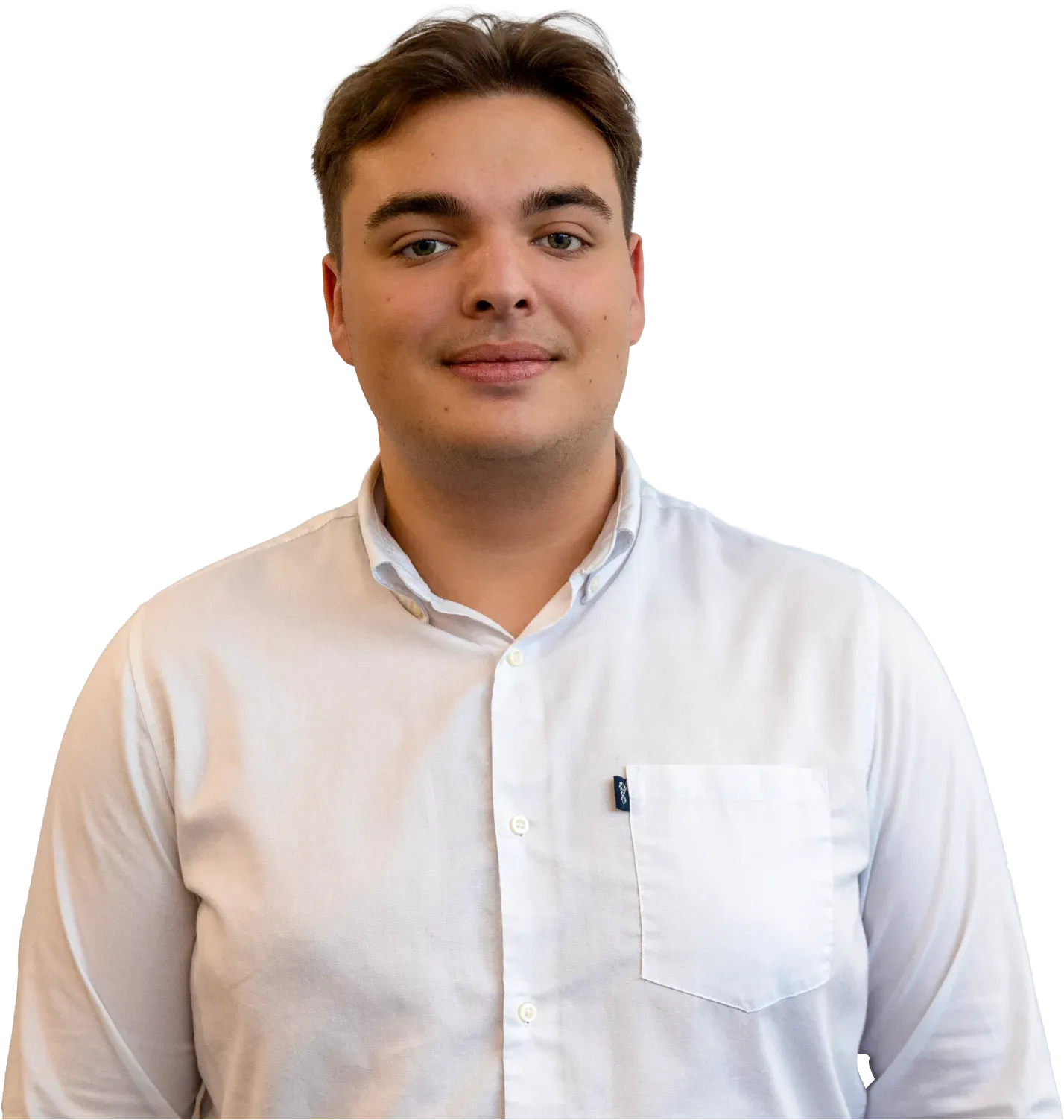 Man in white button-down shirt, looking directly at the viewer, against a white background.