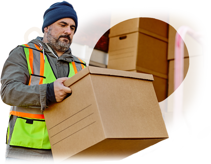 A man in a safety vest is carrying a cardboard box.
