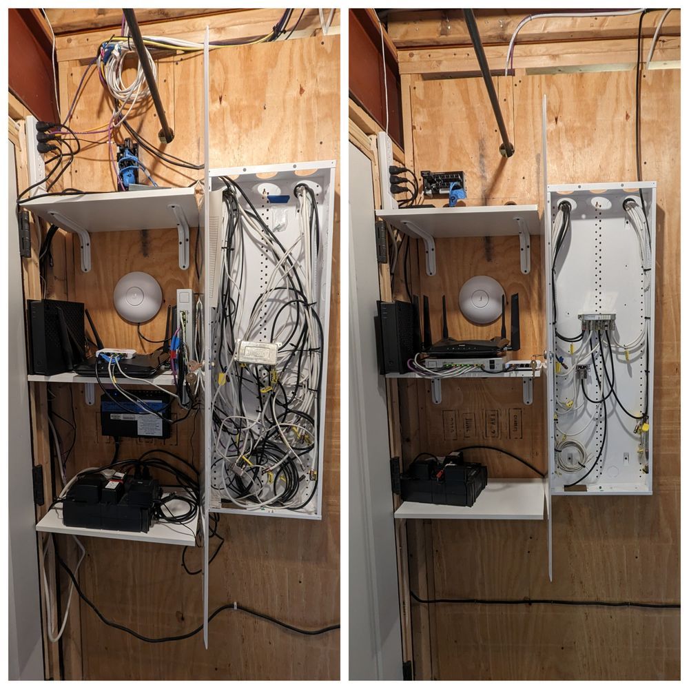 Two pictures of a wall with a lot of wires coming out of it.