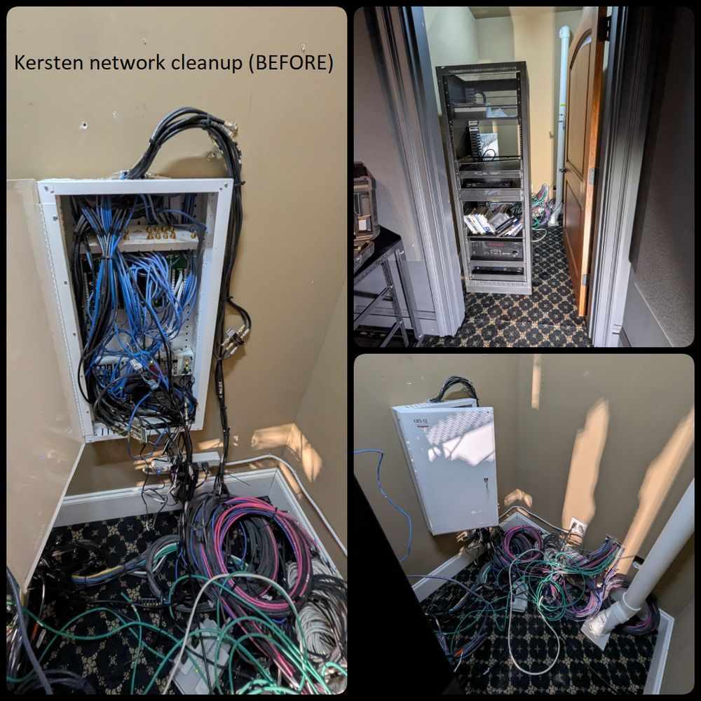 A collage of three pictures of a messy network cleanup