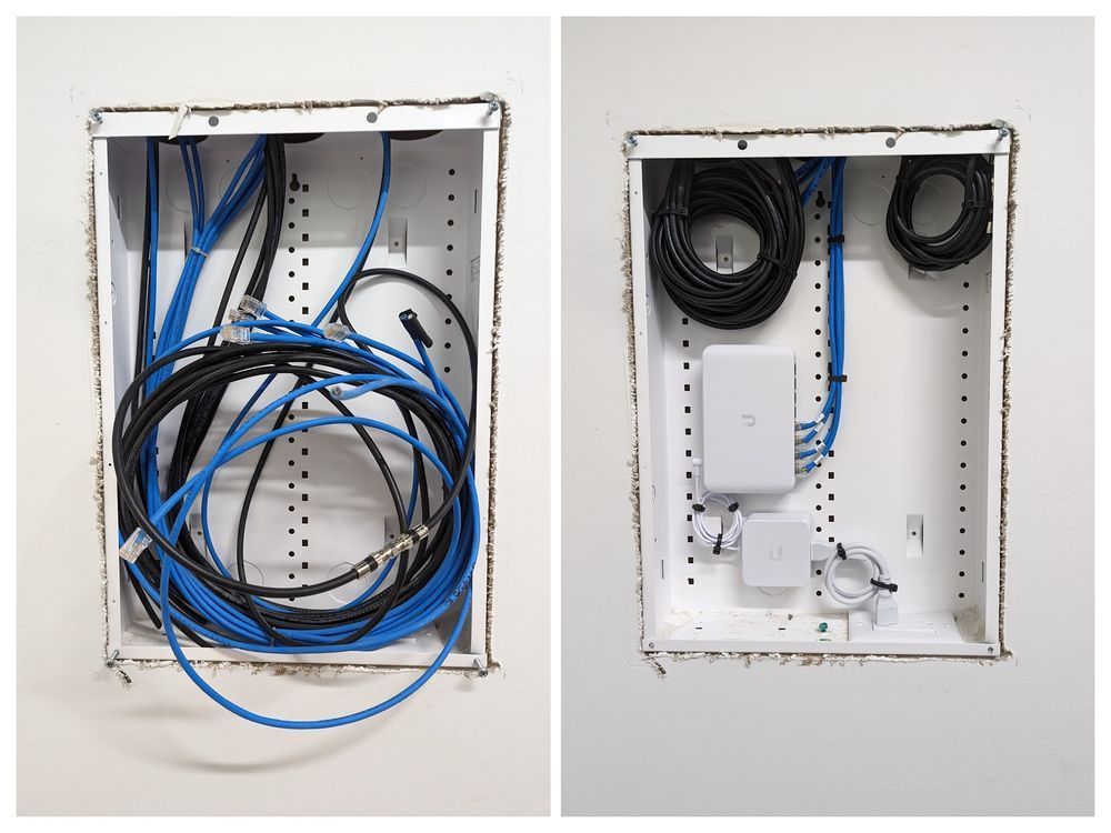 Two pictures of a box filled with wires on a wall.
