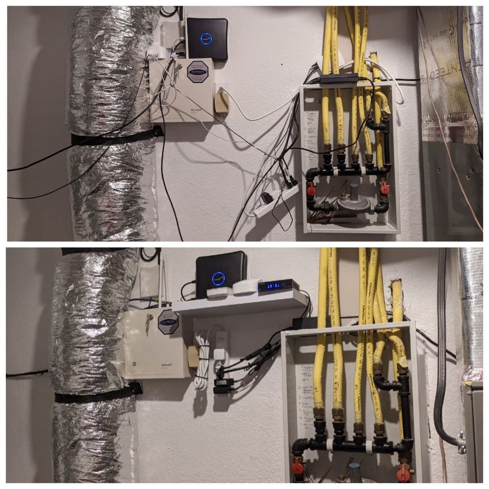 A collage of two pictures of a wall with a bunch of wires hanging from it.