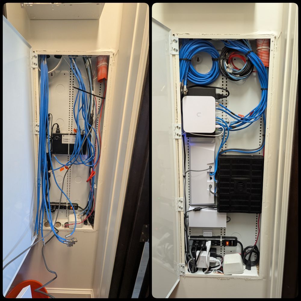 A before and after picture of a network cabinet