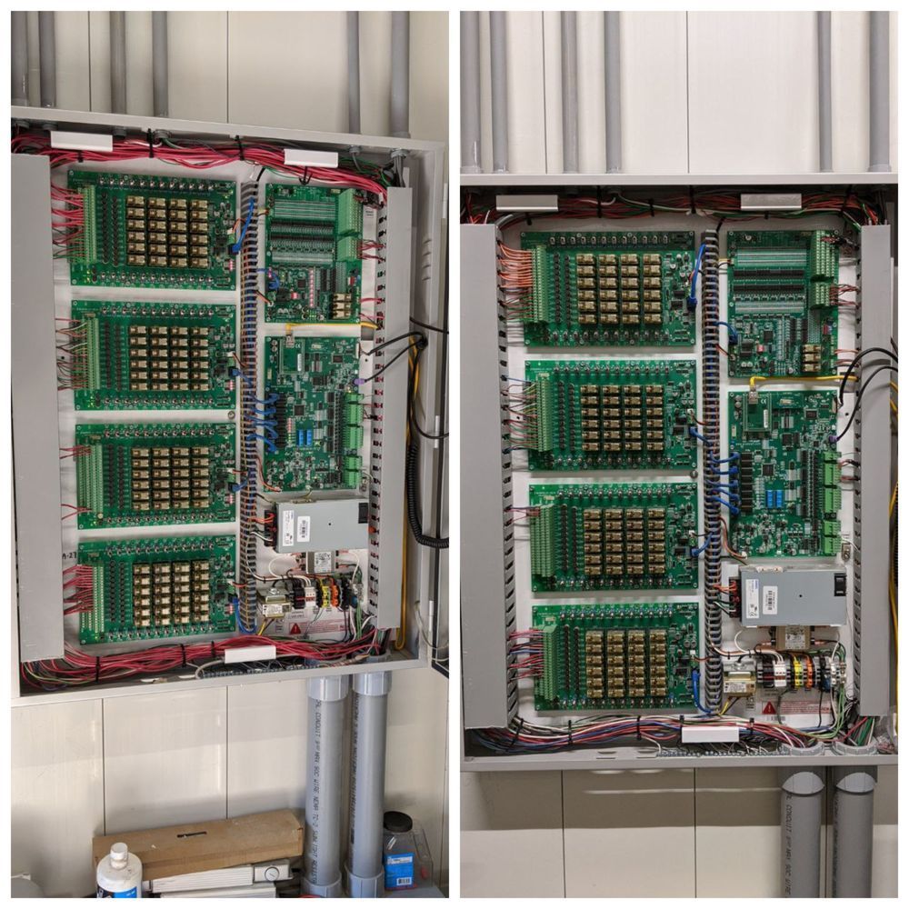 A before and after picture of a electrical box with a lot of wires coming out of it.