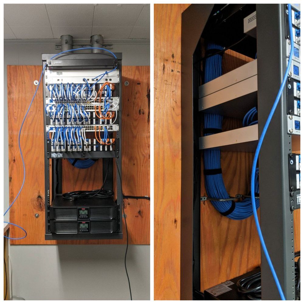 Two pictures of a server rack with blue wires coming out of it