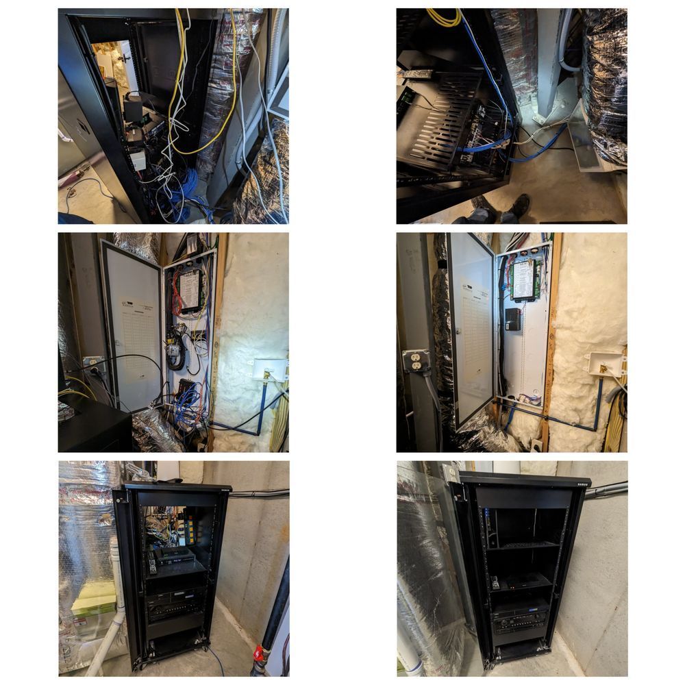 A collage of four pictures of a server rack in a room.