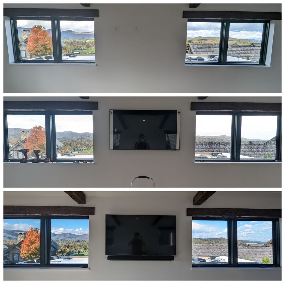 A collage of three pictures of a living room with windows and a flat screen tv