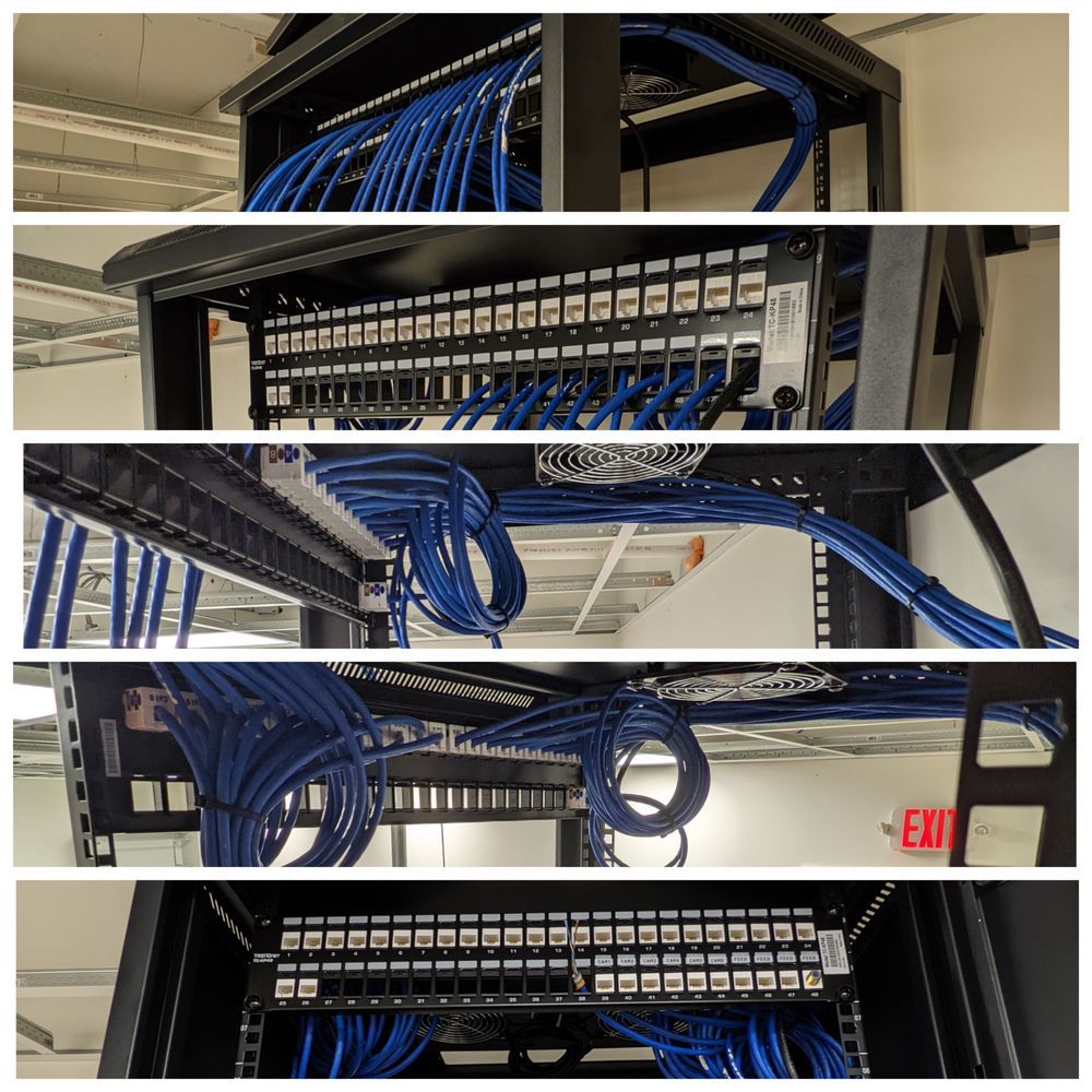A collage of four pictures of a server rack filled with blue wires.