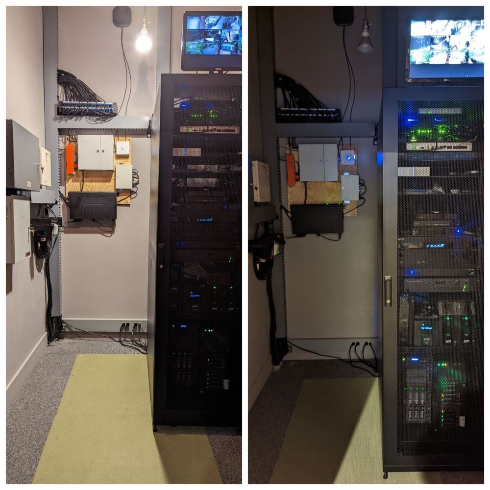 Two pictures of a server room with a tv on the wall