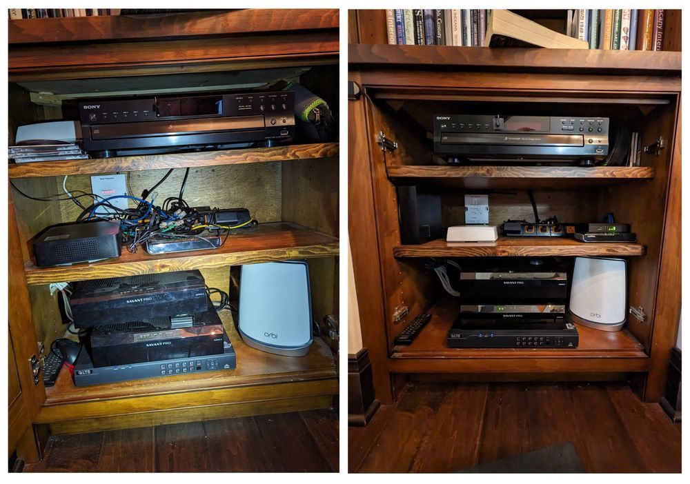A before and after photo of a wooden entertainment center filled with electronics.