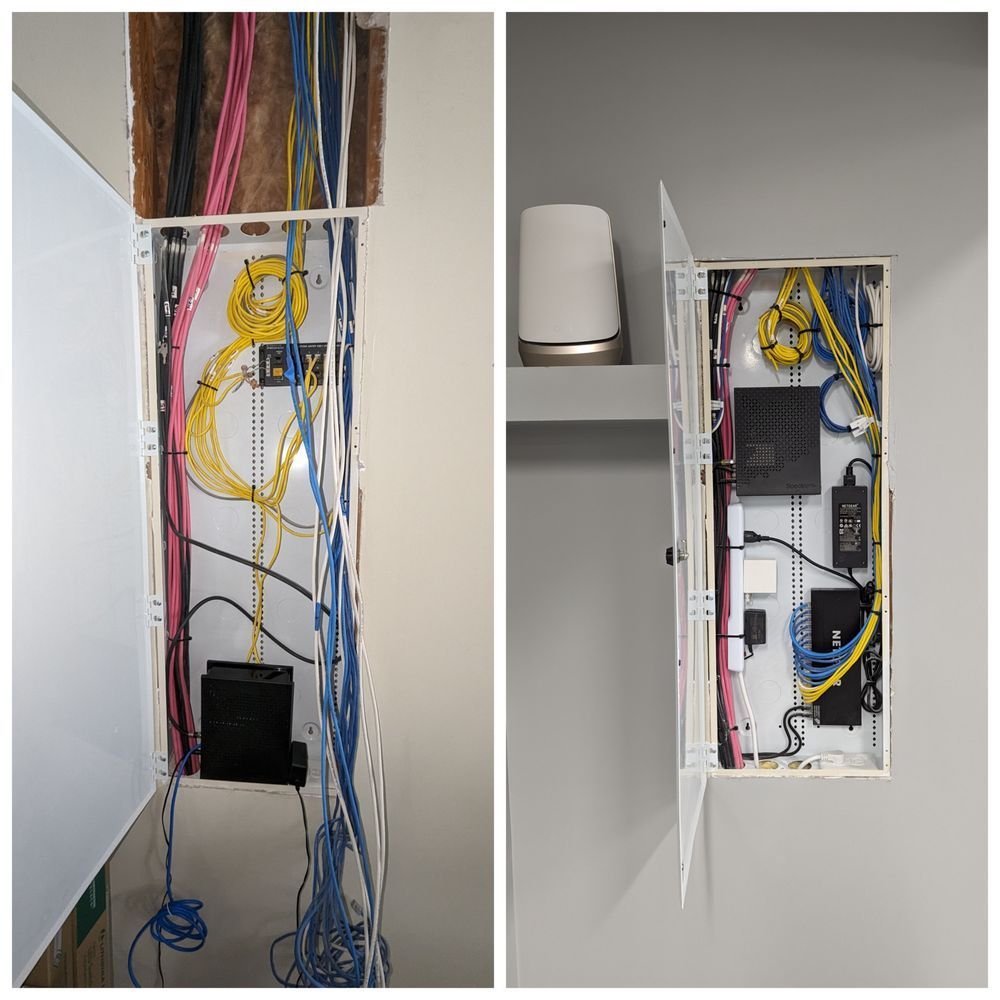 A before and after picture of a wall mounted box filled with wires.