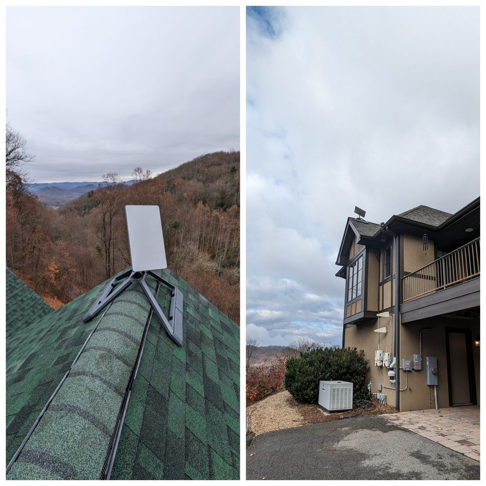 There is a satellite dish on the roof of a house.
