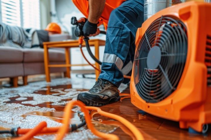 Water damage restoration worker using equipment in flooded living room. Orange fan, hose, and soaked floor.