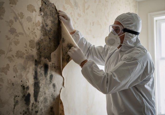Person in protective suit removing moldy wallpaper from a wall.