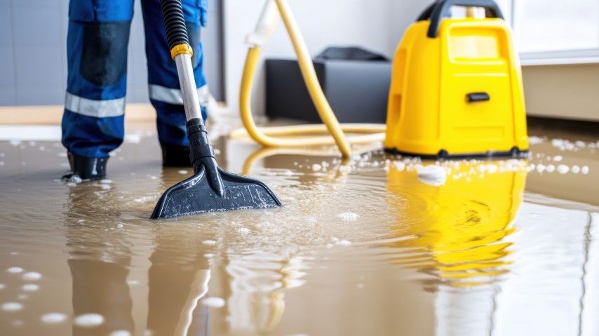 Person in blue overalls using a water vacuum on a flooded floor with a yellow vacuum nearby.