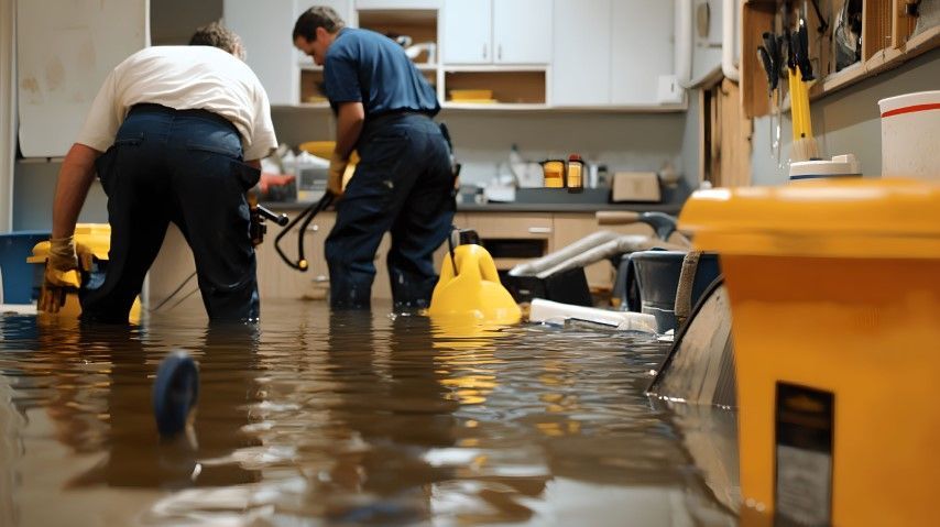 Two people in a flooded room, using equipment. Brown water, yellow bucket. Interior setting.