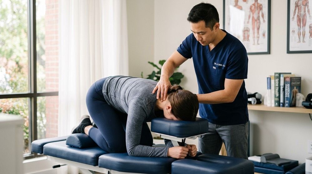 Patient in the knee chest position receiving a gentle upper cervical chiropractic adjustment.