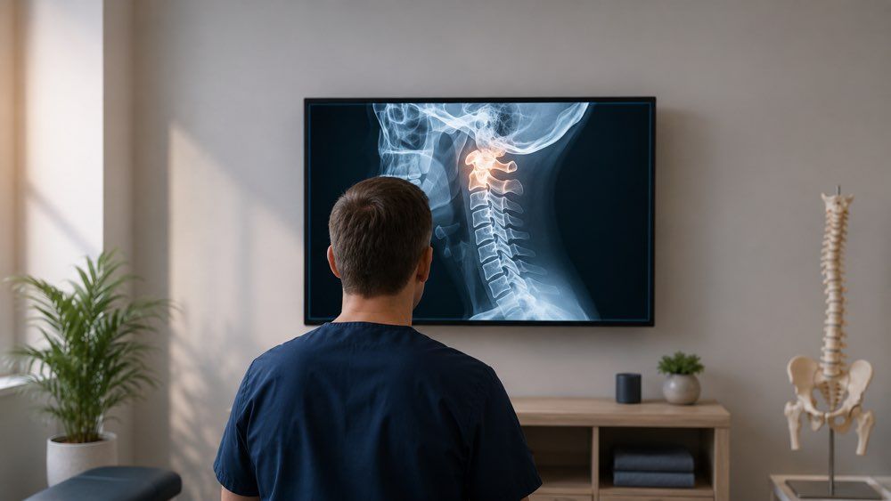 Upper cervical chiropractor in Wyomissing, PA reviewing a digital X-ray of the atlas and axis.