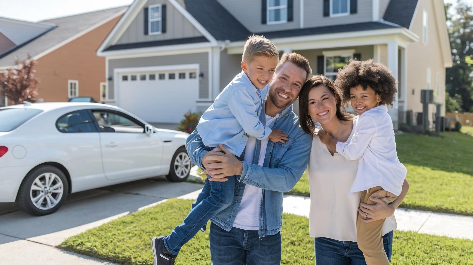 Family smiling in front of a house, man holding a child, woman holding a child, white car on the side.