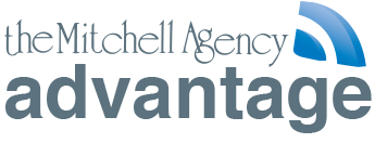 The Mitchell Agency advantage logo with a blue, curved graphic.