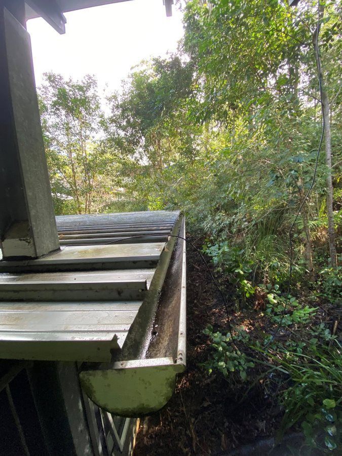 A Gutter Is Sitting On The Side Of A Building In The Woods — The Guttering Cleaning Man in Old Bar, NSW