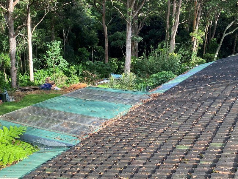 A roof with a lot of leaves on it and trees in the background.