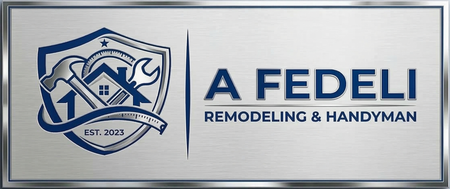 Logo for A Fedeli Remodeling & Handyman, featuring a shield icon with tools, a house, and text on a brushed metal background.