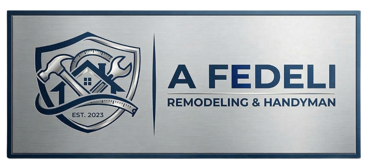 Logo for A Fedeli Remodeling & Handyman featuring a shield icon with a hammer and wrench over a house outline.
